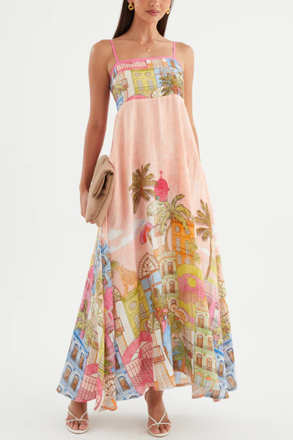 Unique Printed Loose Sleeveless Camisole Casual Vacation Maxi Dress-consonak