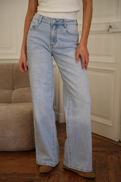 Stylish Denim Colorblock Star Patterned Mid Waist Pocket Wide Leg Jeans