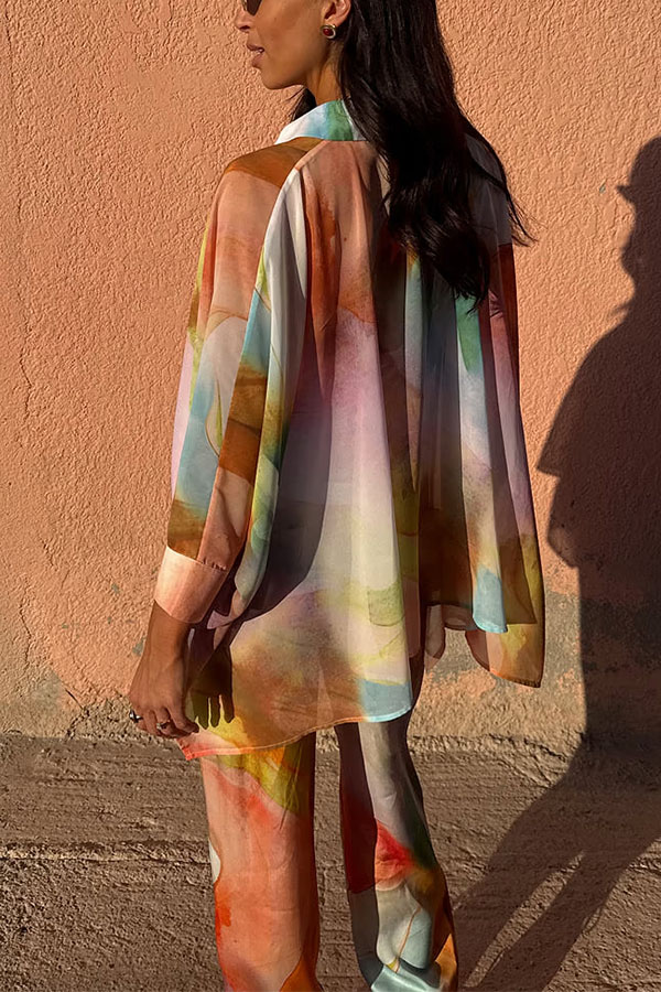 Vacation View Colorful Abstract Print Button Long Batwing Sleeve Oversized Blouse-consonak