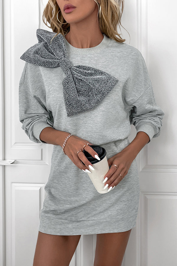 Solid Color Shiny Bow Casual Long Sleeve Sweatshirt Mini Dress-consonak