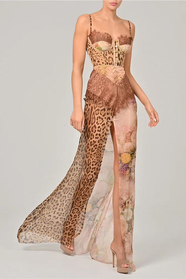 Chiffon Leopard Print Sexy Lace Splicing High Slit Slim Maxi Dress | Consonak