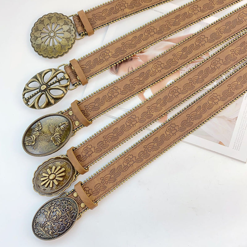 Retro Versatile Faux Leather Carved Brown Belt-consonak