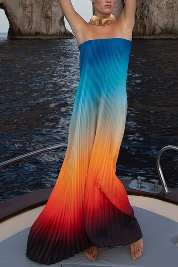 Ibiza Sunset Pleated Gradient Print Strapless Asymmetrical Hem A-line Maxi Dress