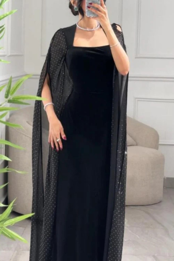 Solid Color Velvet Square Neck Slim Fit Rhinestone Maxi Dress-consonak