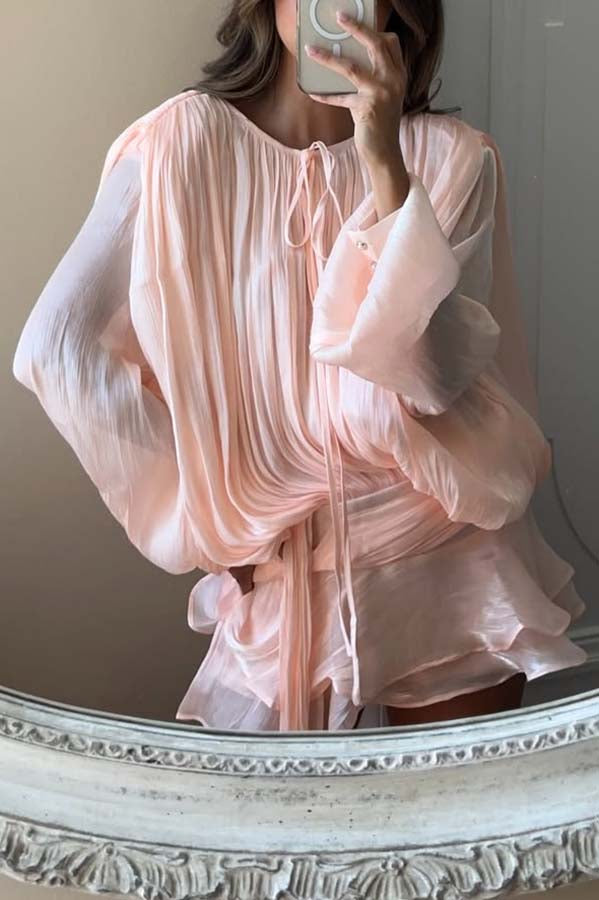 Ninah Glitter Fabric Pleated Balloon Sleeve Tiered Ruffle Hem Mini Dress | Consonak