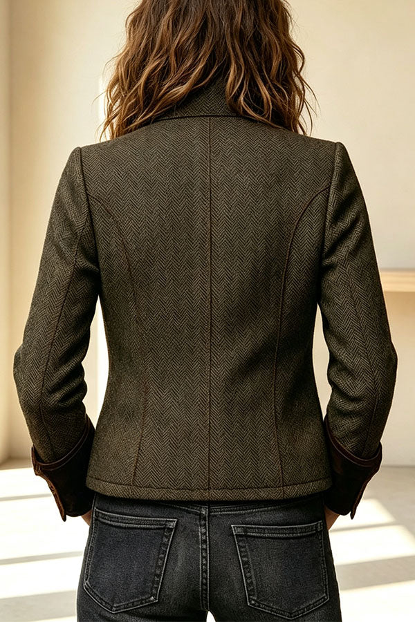 Vintage Herringbone Tweed Velvet Trim Button Up Pocket Long Sleeve Jacket-Consonak