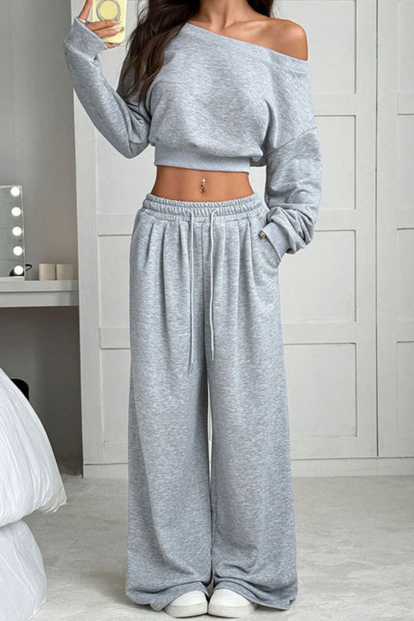 Solid Color Loose Long-sleeved Short Top and Elastic Waist Casual Pocket Wide-leg Pants Set-consonak