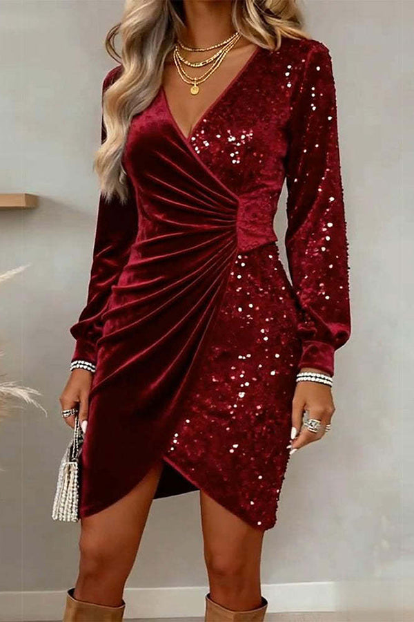 Fashionable Velvet Sequined V-neck Long-sleeved Slim-fit Mini Dress-consonak