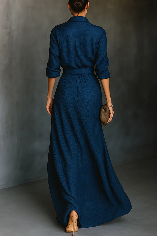Solid Color Loose-fitting Collared Long-sleeved Shirt and Elegant Pleated Maxi Skirt Set-consonak