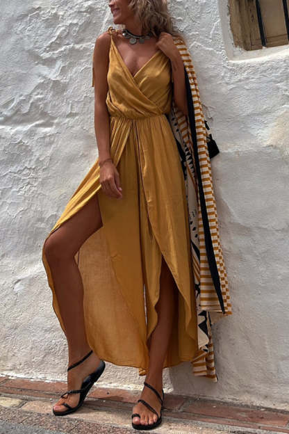 Shore Thing Babe Elastic Waist Slit Wide Leg Jumpsuit-consonak