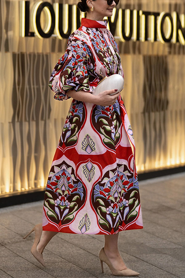 Khloe Bold Geometric Print Pleated Shoulder Puff Sleeve Belt Pocket Shirt Midi Dress