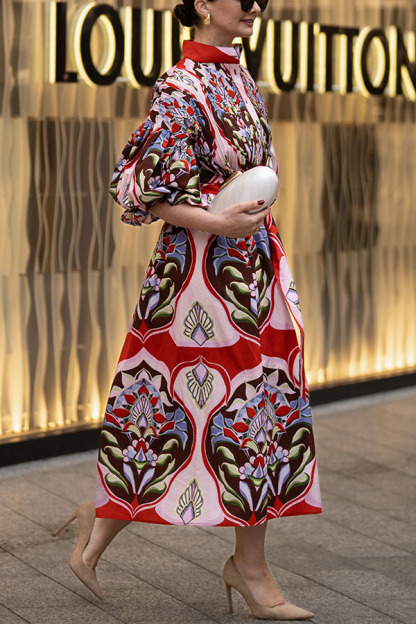 Khloe Bold Geometric Print Pleated Shoulder Puff Sleeve Belt Pocket Shirt Midi Dress