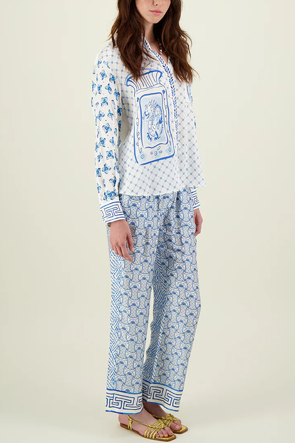 Stylized Dragon Satin Unique Print Long Sleeve Loose Shirt and Elastic Waist Pants Set-consonak
