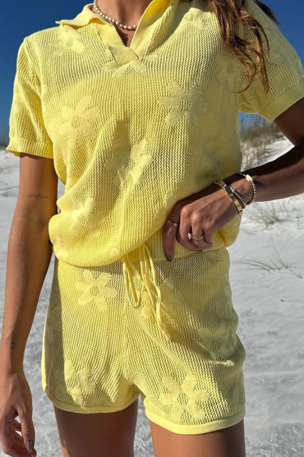 Solid Color Loose Short-sleeved Openwork Top and Elastic Waist Casual Knit Shorts Cover-up Set-consonak