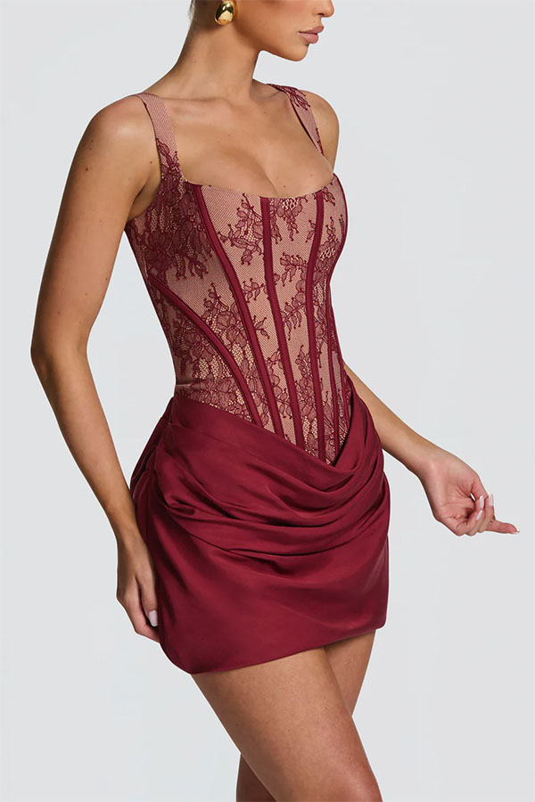 Cornelia Floral Lace Contrast Structural Detail Back Lace-up Satin Hem Mini Dress | Consonak