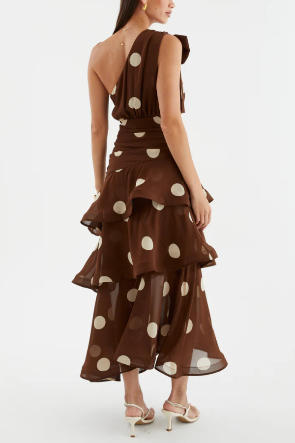 Fashionable Polka Dot Print One-shoulder Sleeveless Layered Mesh Maxi Dress | Consonak