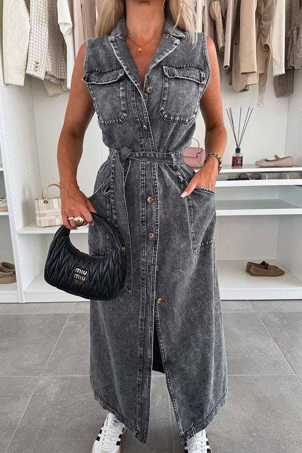 Solid Color Sleeveless Single Breasted Waist Tie Casual Pocket Denim Midi Dress | Consonak