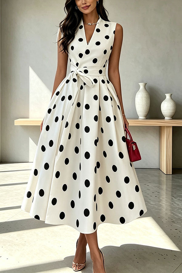 French Vintage Style Polka-dot Print Sleeveless Tie Waist Detail Midi Dress-Consonak