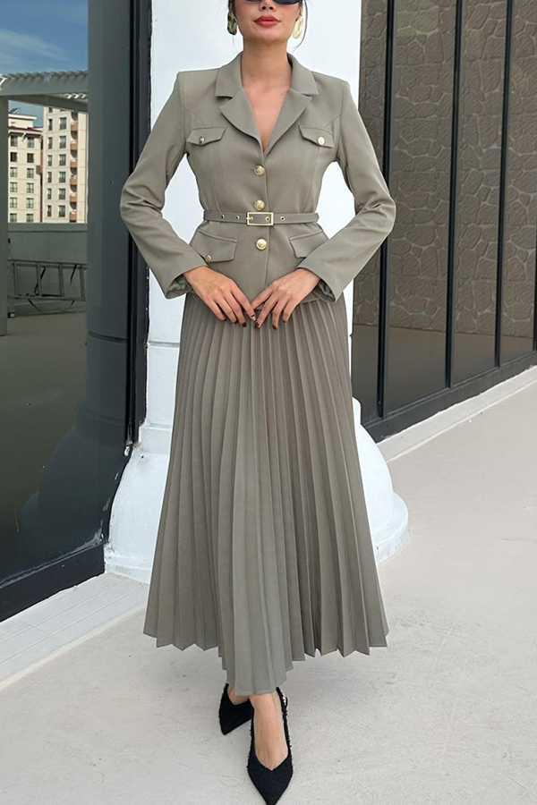 Solid Color Lapel Button Belt Blazer and Pleated Casual Maxi Skirt Set-consonak