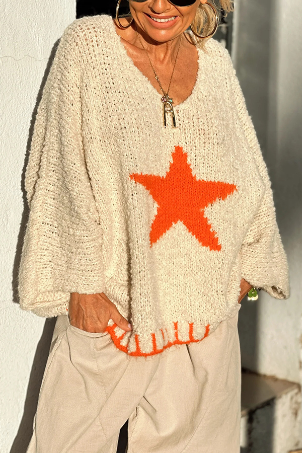 Warm Winter Day Texture Knit Star Pattern Contrast Color Loose Sweater-consonak