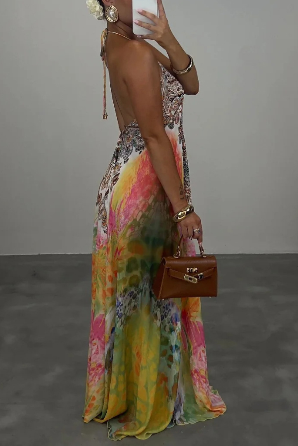 Bohemian Style Unique Print Sleeveless Backless Loose Maxi Dress
