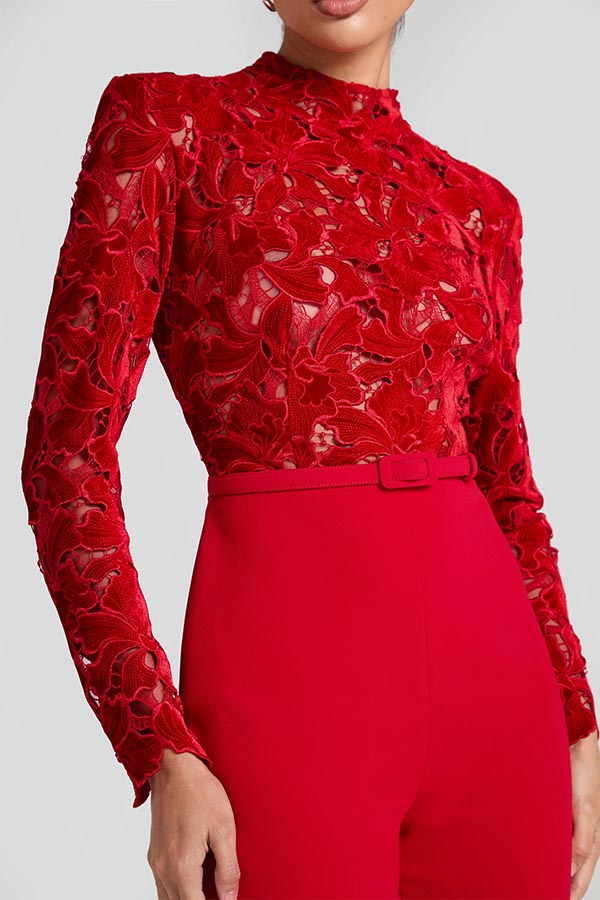 Eleanor Embroidered Floral Lace Long Sleeve Patchwork Belt Flare Jumpsuit | Consonak