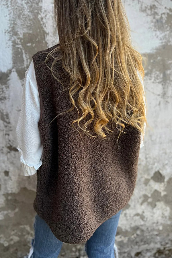 Solid Color V-neck Pocket Button Sleeveless Polar Fleece Vest-consonak