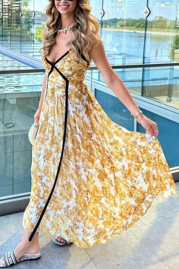 Violet Contrast Unique Print Pleated Backless Strappy Maxi Dress-consonak