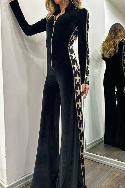 Star-print Velvet Patchwork Zipped Wide-leg Jumpsuit(ONE SIZE DOWN)