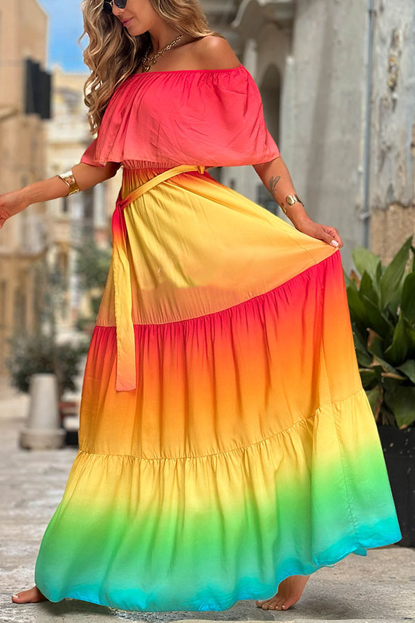 Joyelle Gradient Print Off Shoulder Tie-up Vacation Maxi Dress-consonak