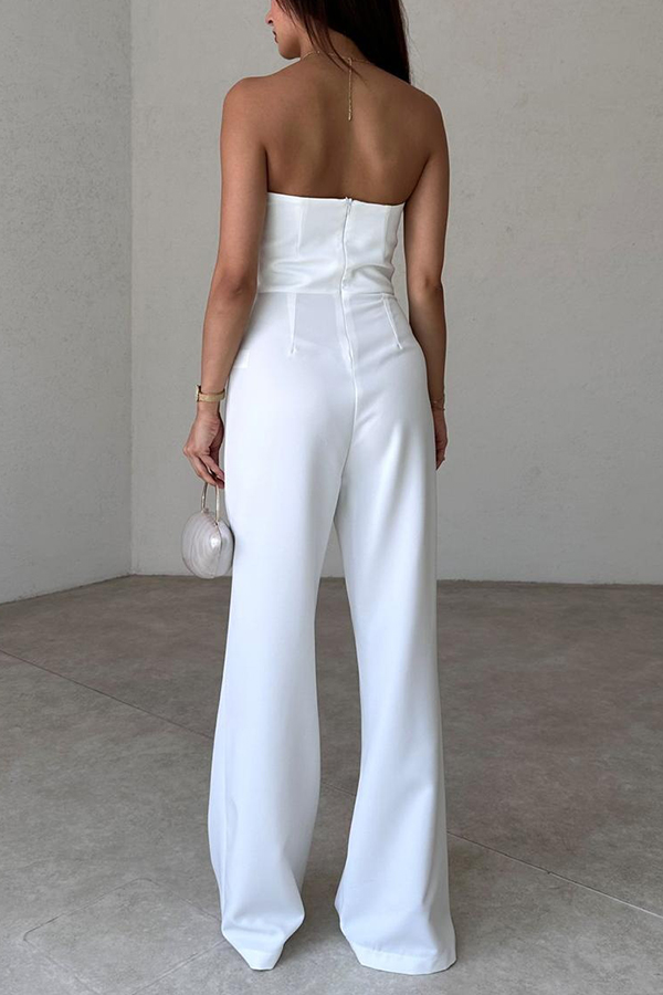 Solid Color Sexy Tube Top Gold Button Embellished Bootcut Jumpsuit-consonak