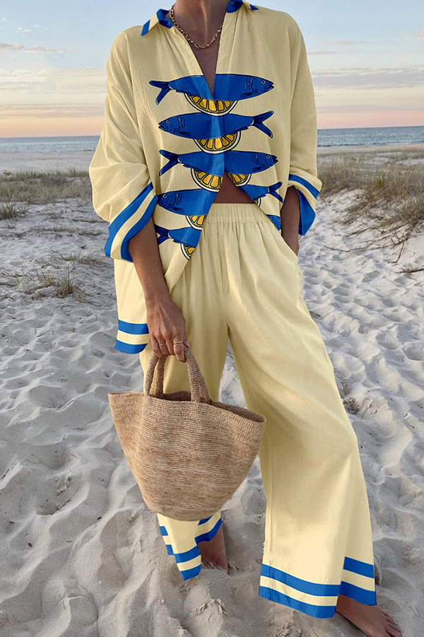 Unique Ocean Print Oversized Shirt and Elastic Waist Pocket Pants Set | Consonak