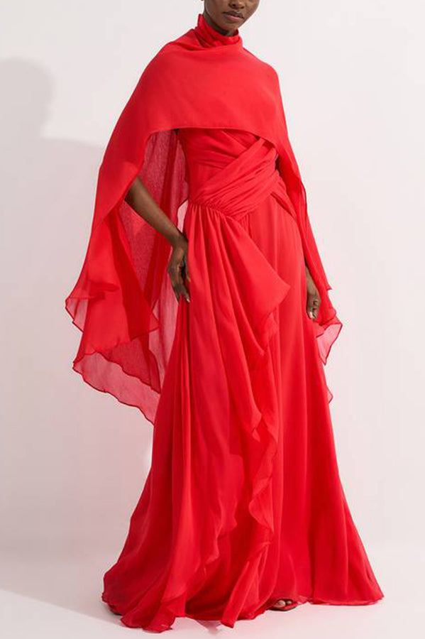 Spring Enchantment Chiffon Crinkle Cross Front Drape Scarf Maxi Dress