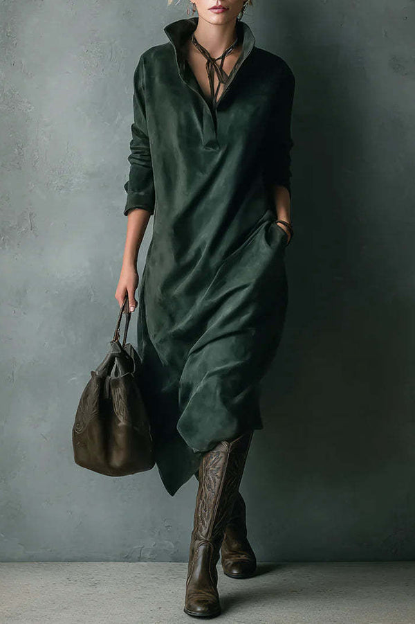 Solid Color Loose Suede Long-sleeved Casual Midi Dress-consonak