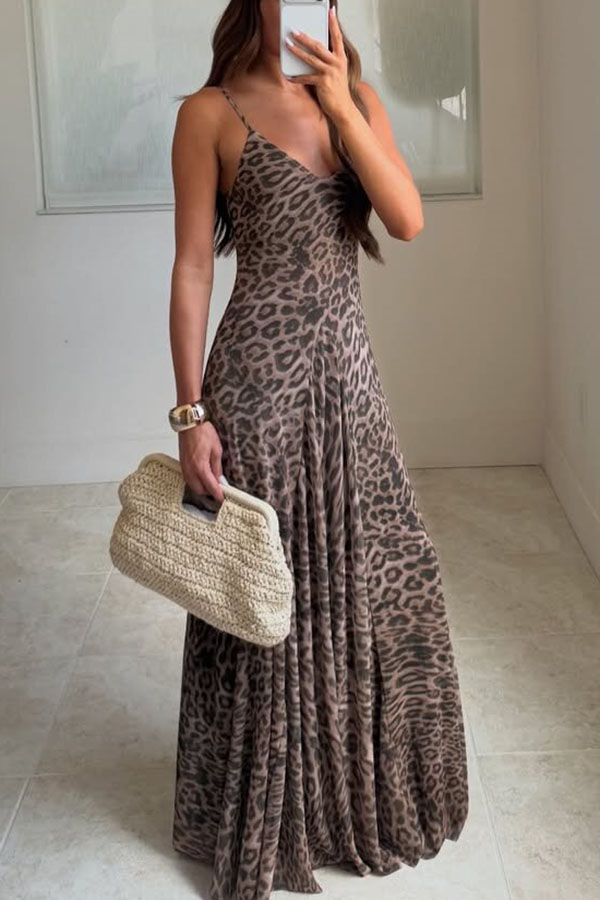 Jaycie Tulle Leopard Print V-neck Pleated A-line Hem Slip Maxi Dress | Consonak