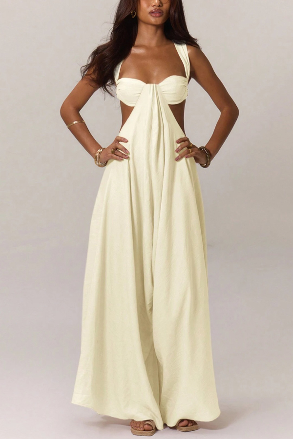 Solid Color Casual Camisole Loose Stretch Wide-leg Jumpsuit-consonak