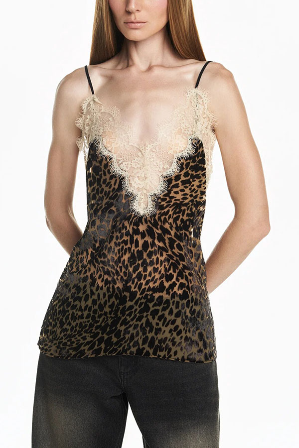 Wild Charm Leopard Print Lace Trim Spaghetti Strap Loose Tank