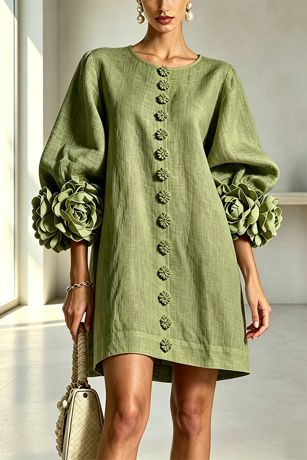 Rima Linen Blend Flowers Button Down Floral Cuffs Half Sleeve Mini Dress-Consonak