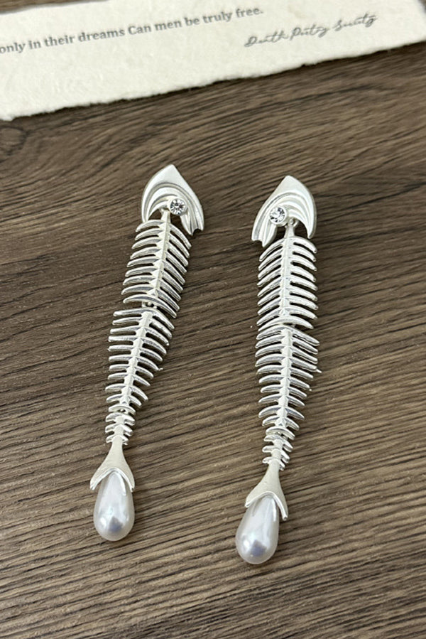 Personalized Fishbone Diamond Pearl Pendant Earrings-consonak