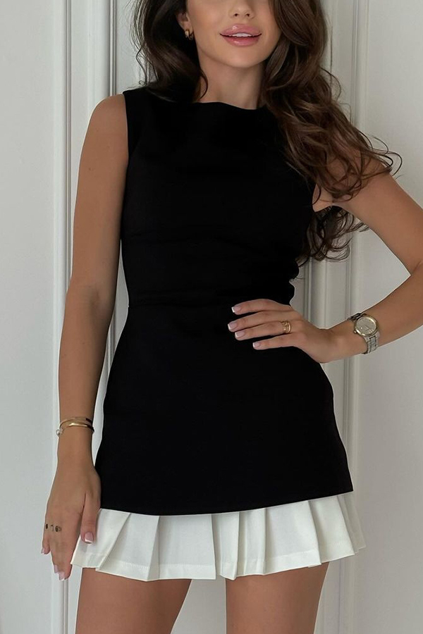 Stylish Round Neck Sleeveless Patchwork Pleated Hem Mini Dress-consonak