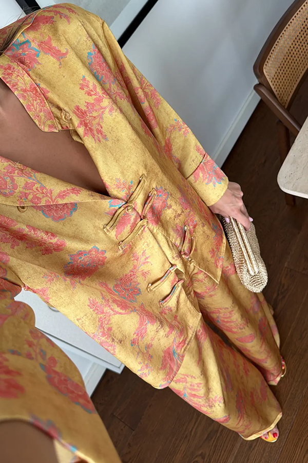 Floral Print Satin Knotted Button Long Sleeve Shirt and Elastic Waist Pocket Wide Leg Pants Set-Consonak