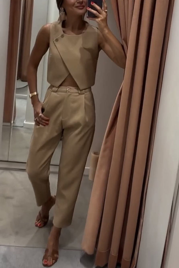 Balvin Linen Blend Cross Button Neck Crop Vest and High Rise Pocketed Pants Set-consonak