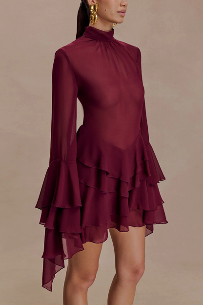 Fashionable Chiffon Long-sleeved Ruffled Slim-fit Mini Dress-consonak