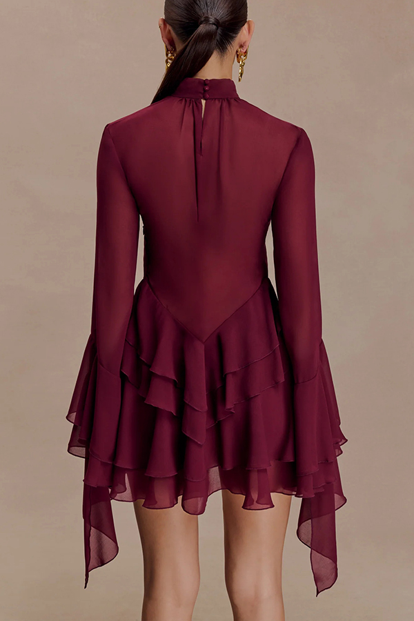 Fashionable Chiffon Long-sleeved Ruffled Slim-fit Mini Dress-consonak