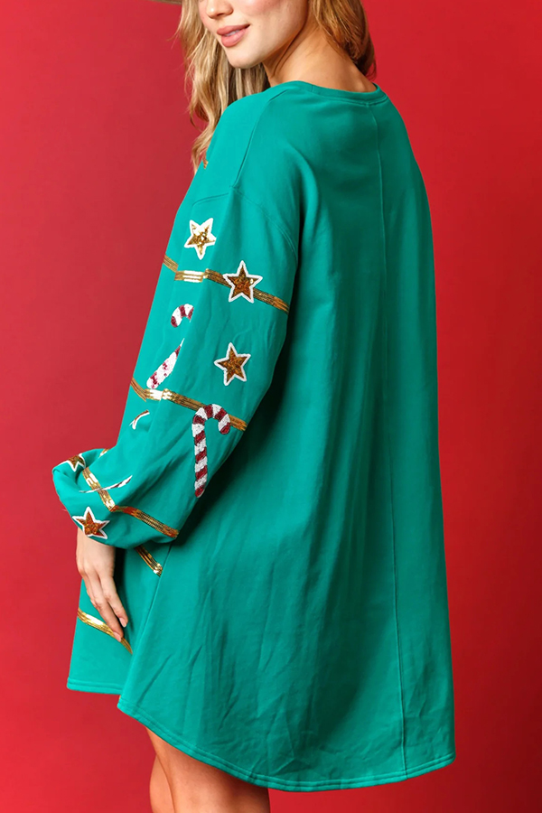 Christmas Candy Sequin Loose Long Sleeve Casual Mini Dress-consonak