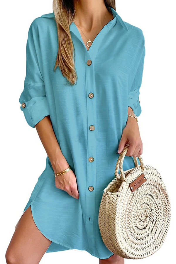 Solid Color Casual Button-Down Shirt Style Mini Dress-consonak