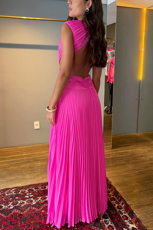 Tamia Pleated Chiffon Fabric Crossover Cutout Waist Open Back Maxi Dress-consonak
