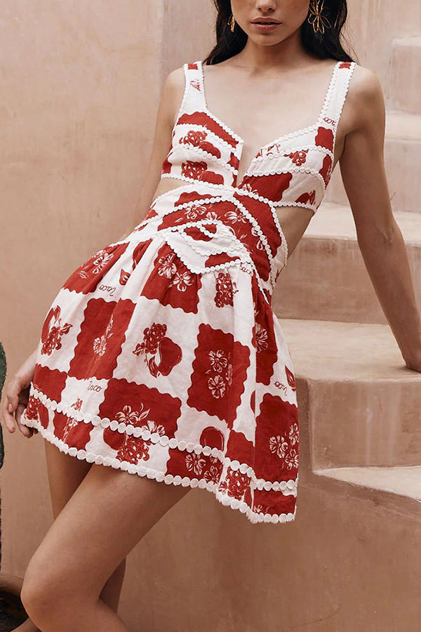 Lucia Linen Blend Ric Rac Trims Unique Print Cutout Pocketed Mini Dress-consonak