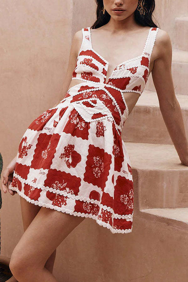 Lucia Linen Blend Ric Rac Trims Unique Print Cutout Pocketed Mini Dress-consonak