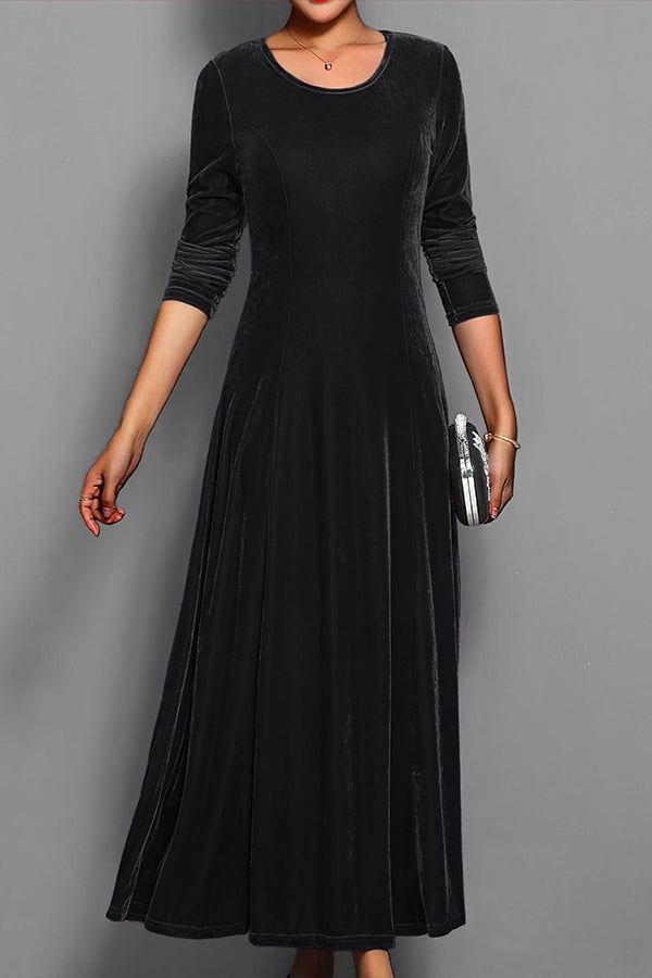 Solid Color Velvet Round Neck Long Sleeve Slim Midi Dress-consonak